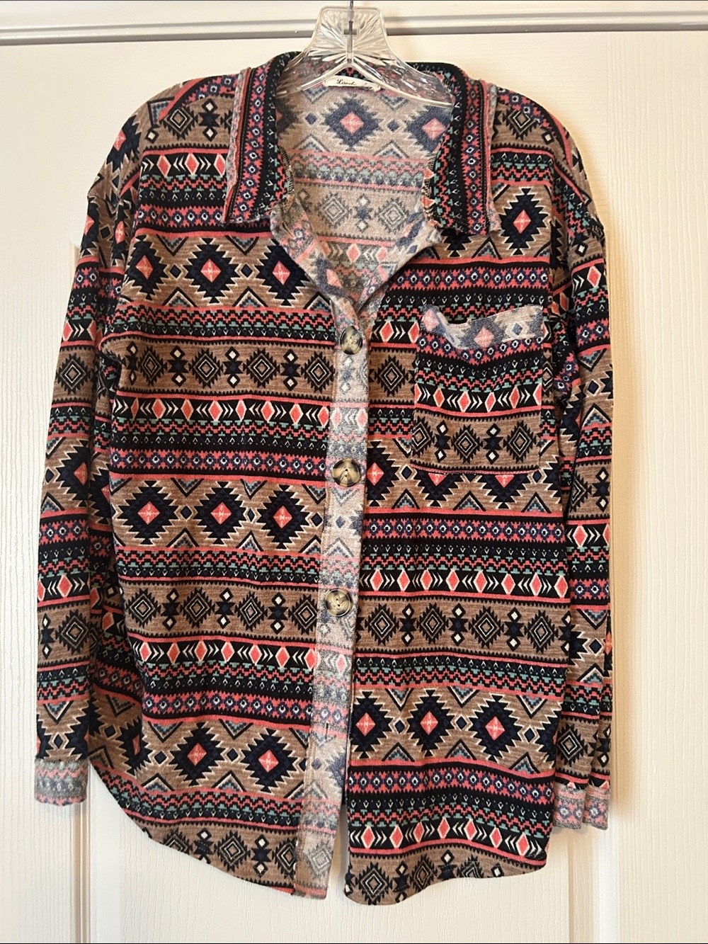 Women’s Patterned Button-Up Shirt - Tan & Black Aztec Design